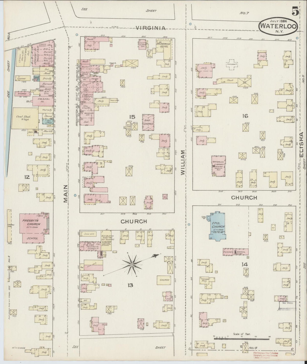 Sanborn Fire Insurance Map from Waterloo, Seneca County, New York (1886), Sheet #0005 - Historic Sanborn Fire Insurance Map Print, vintage old map wall art, antique decor, genealogy gift, New York New York map