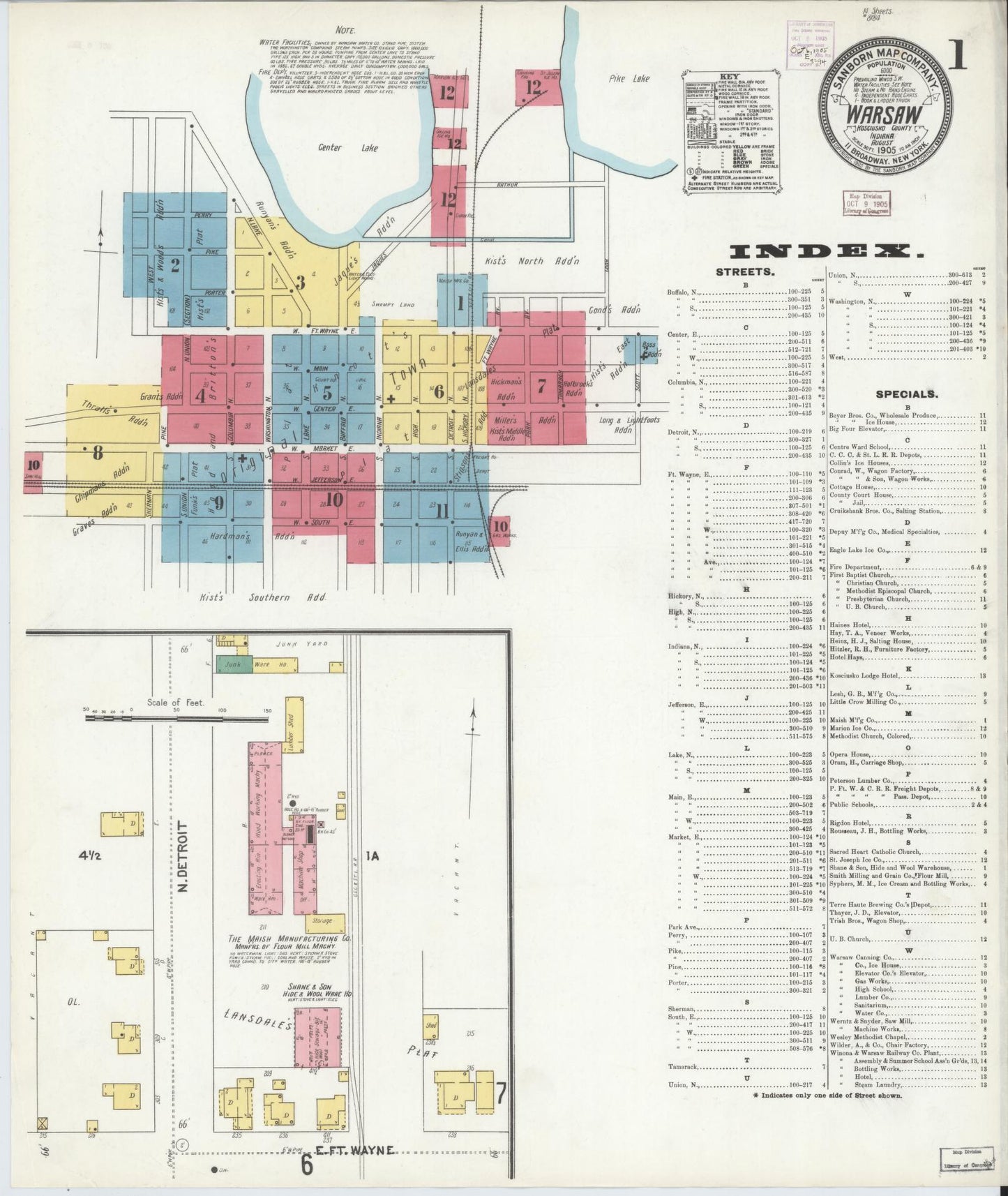 Sanborn Fire Insurance Map from Warsaw, Kosciusko County, Indiana (1905), Sheet #0001 - Complete Map Set gallery image, historic Sanborn map, vintage wall art, Indiana Indiana