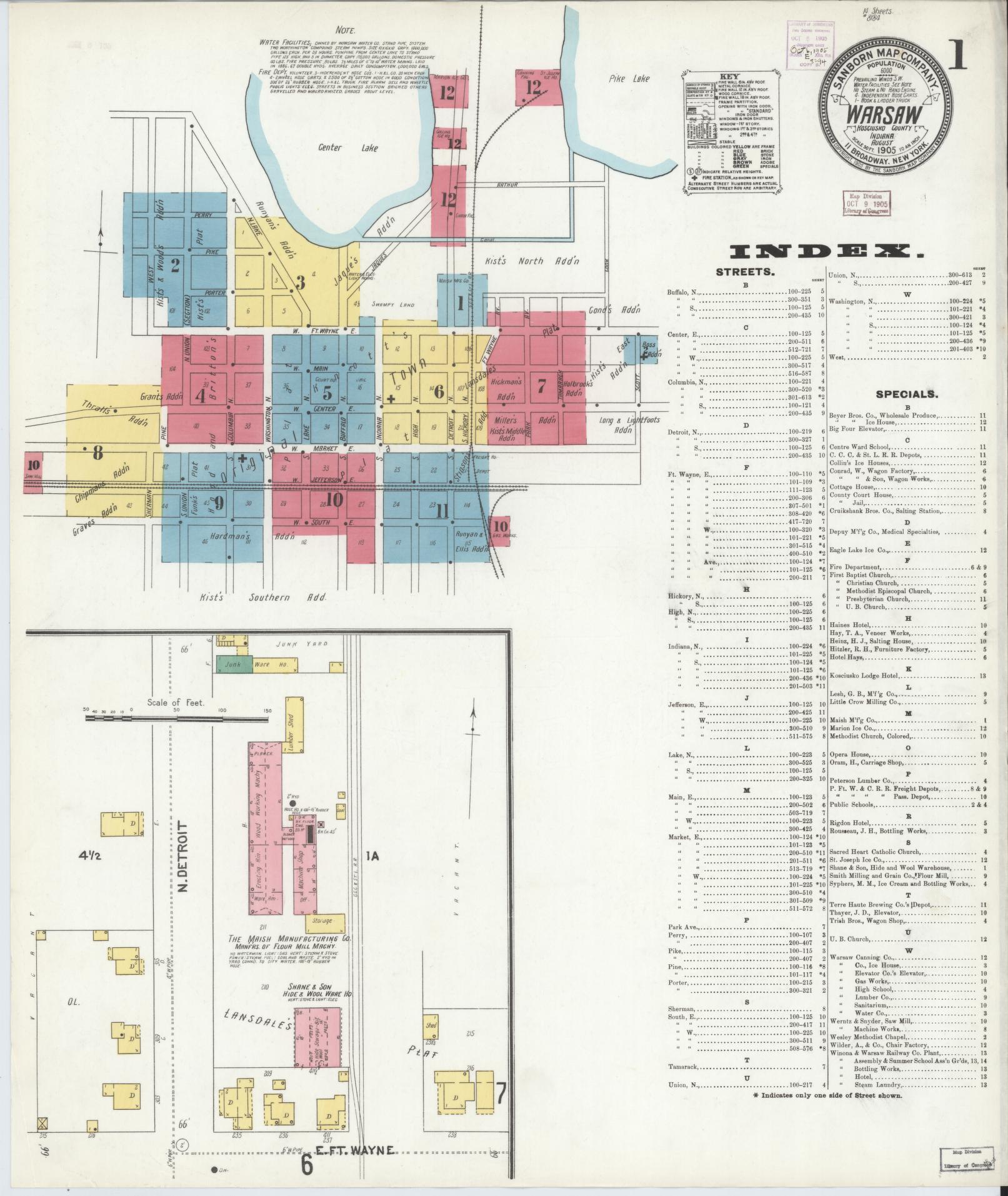 Sanborn Fire Insurance Map from Warsaw, Kosciusko County, Indiana (1905), Sheet #0001 - Complete Map Set gallery image, historic Sanborn map, vintage wall art, Indiana Indiana