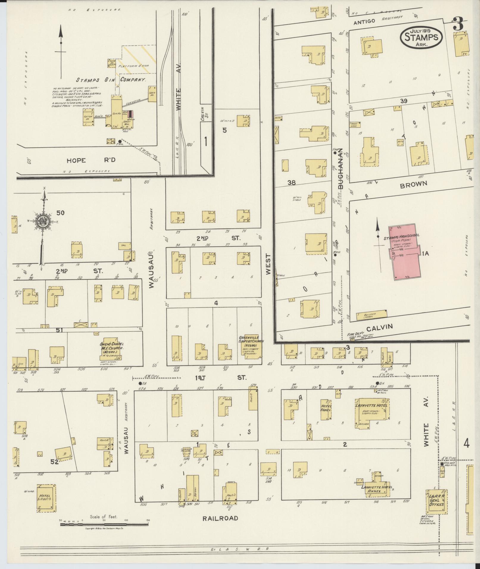 Sanborn Fire Insurance Map from Stamps, Lafayette County, Arkansas (1919), Sheet #0003 - Historic Sanborn Fire Insurance Map Print, vintage old map wall art, antique decor, genealogy gift, Arkansas Arkansas map
