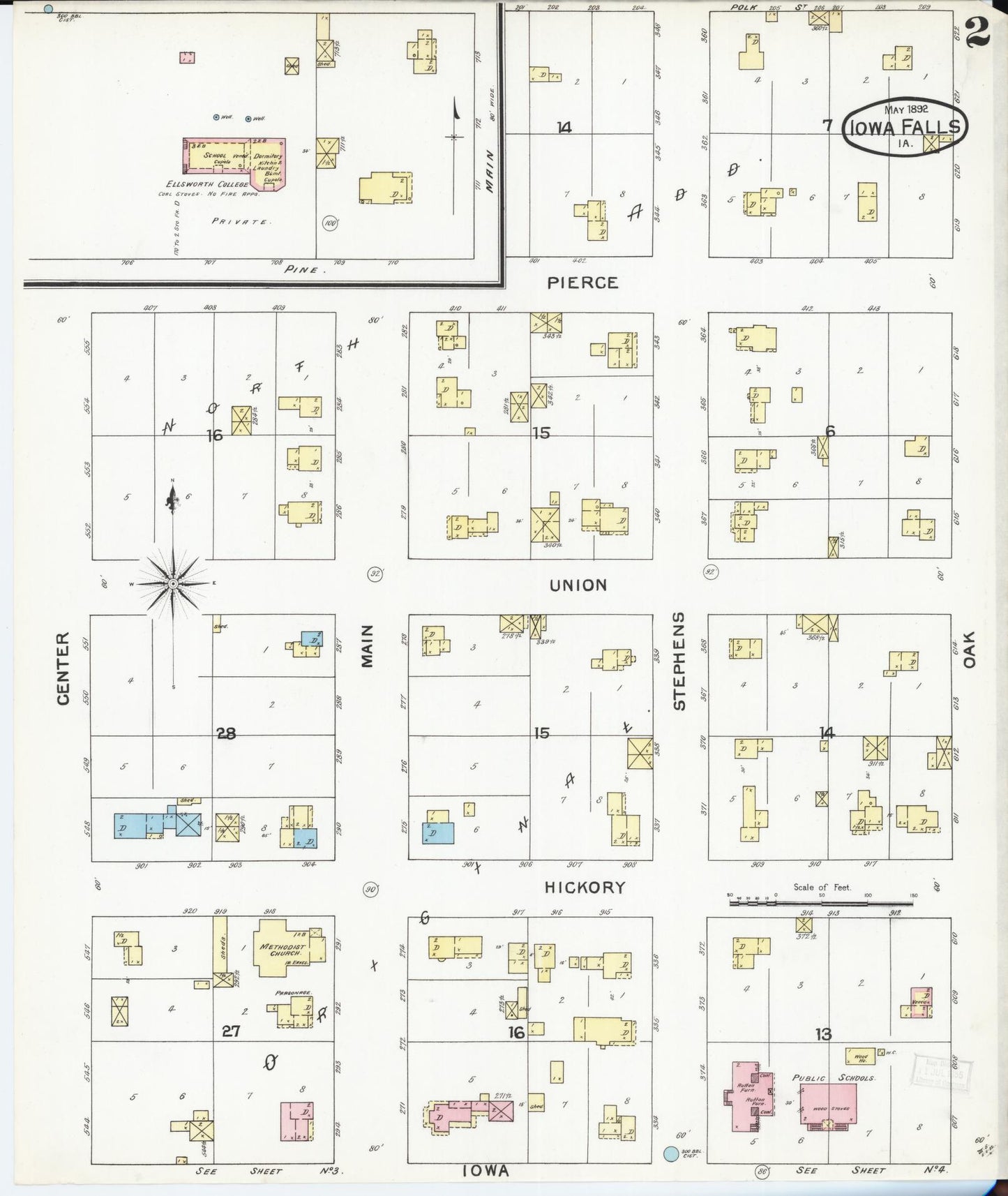 Sanborn Fire Insurance Map from Iowa Falls, Hardin County, Iowa (1892), Sheet #0002 - Historic Sanborn Fire Insurance Map Print, vintage old map wall art