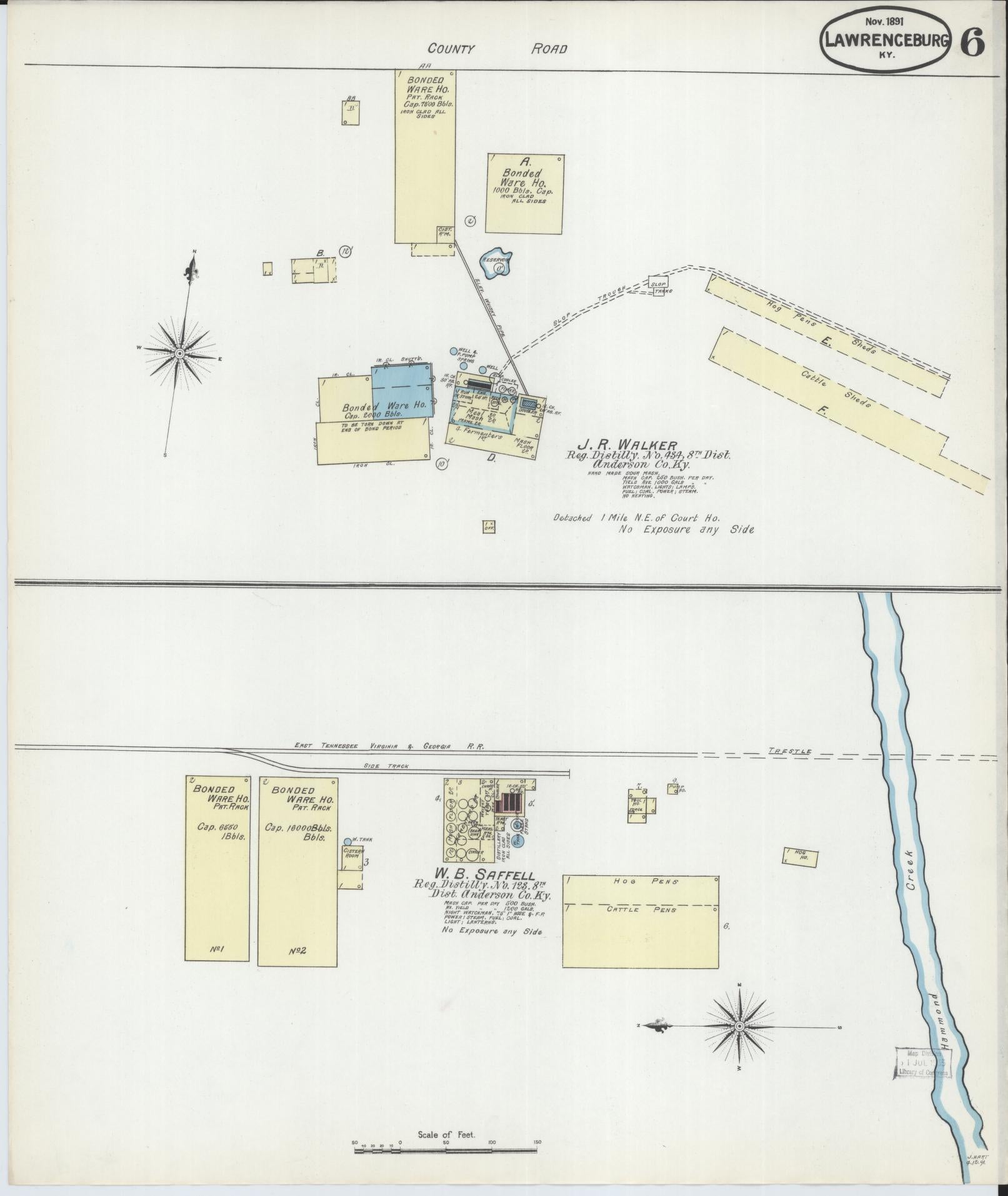 Sanborn Fire Insurance Map from Lawrenceburg, Anderson County, Kentucky (1891), Sheet #0006 - Historic Sanborn Fire Insurance Map Print, vintage old map wall art, antique decor, genealogy gift, Kentucky Kentucky map