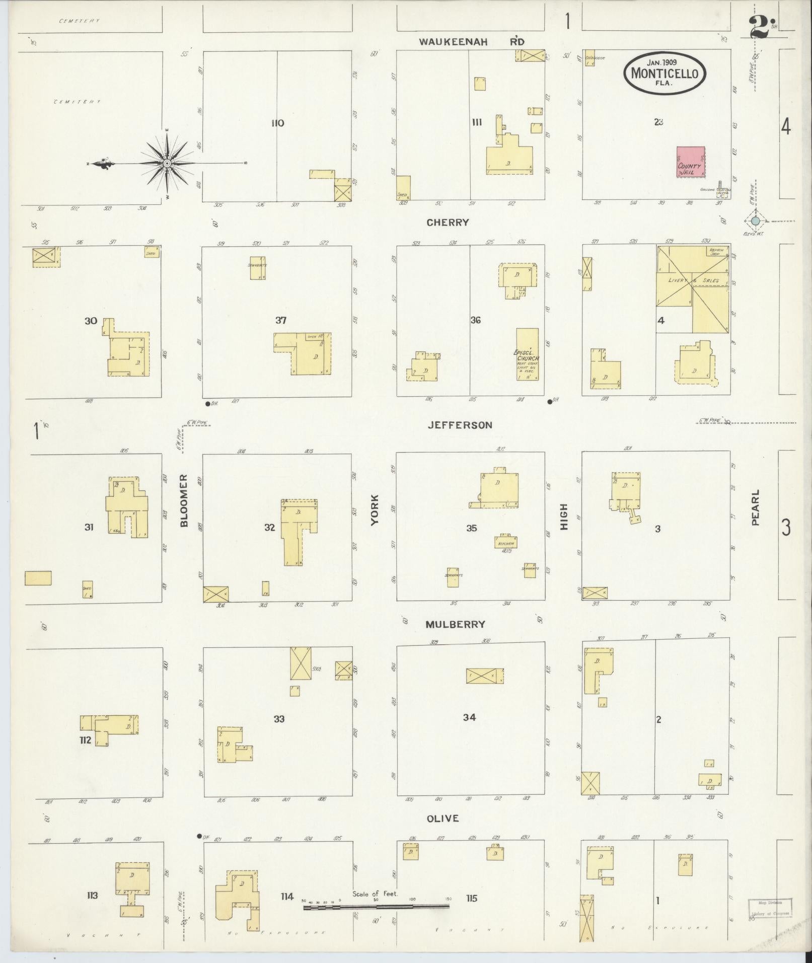 Sanborn Fire Insurance Map from Monticello, Jefferson County, Florida (1909), Sheet #0002 - Historic Sanborn Fire Insurance Map Print, vintage old map wall art, antique decor, genealogy gift, Florida Florida map