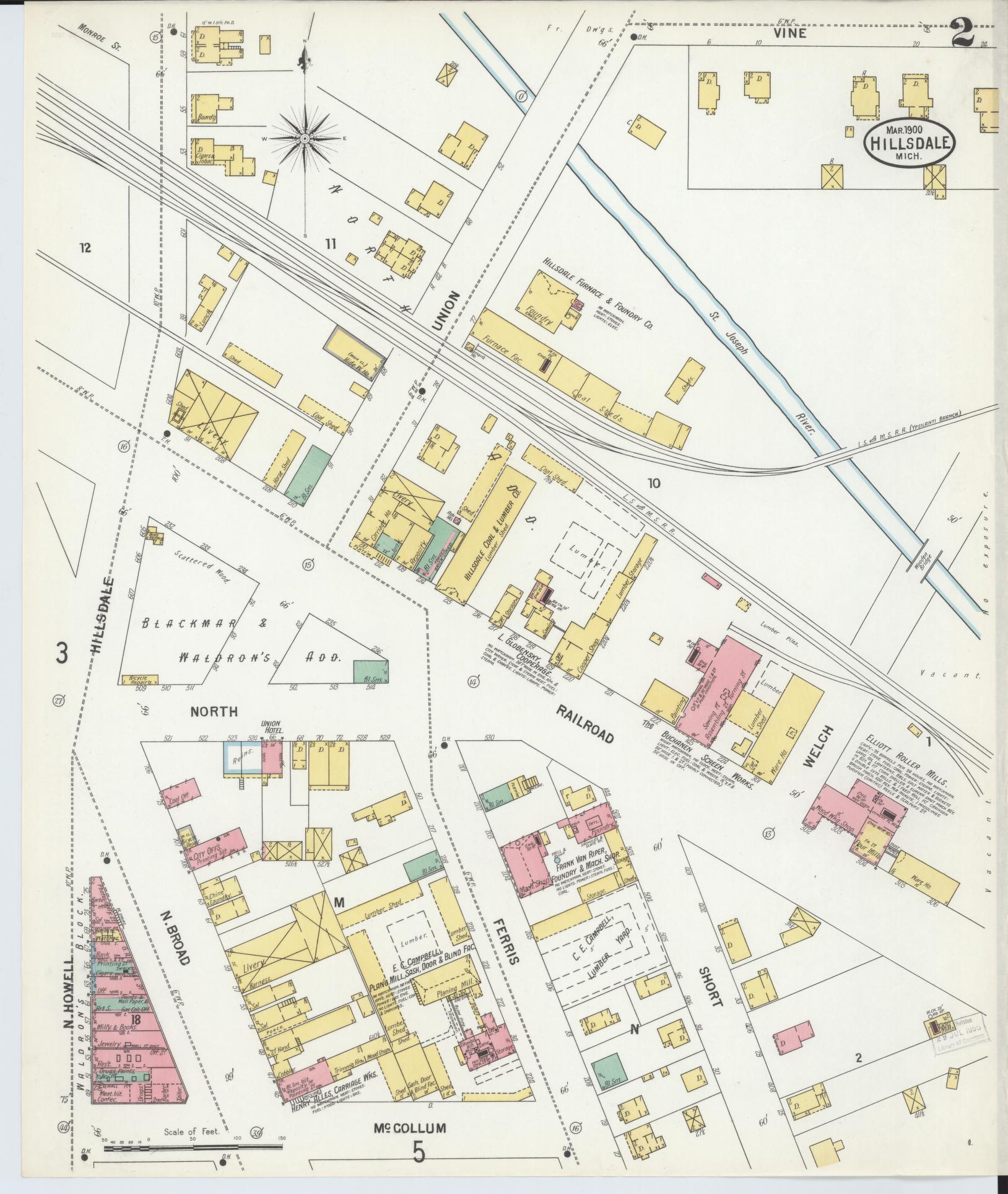 Sanborn Fire Insurance Map from Hillsdale, Hillsdale County, Michigan (1900), Sheet #0002 - Complete Map Set gallery image, historic Sanborn map, vintage wall art, Michigan Michigan