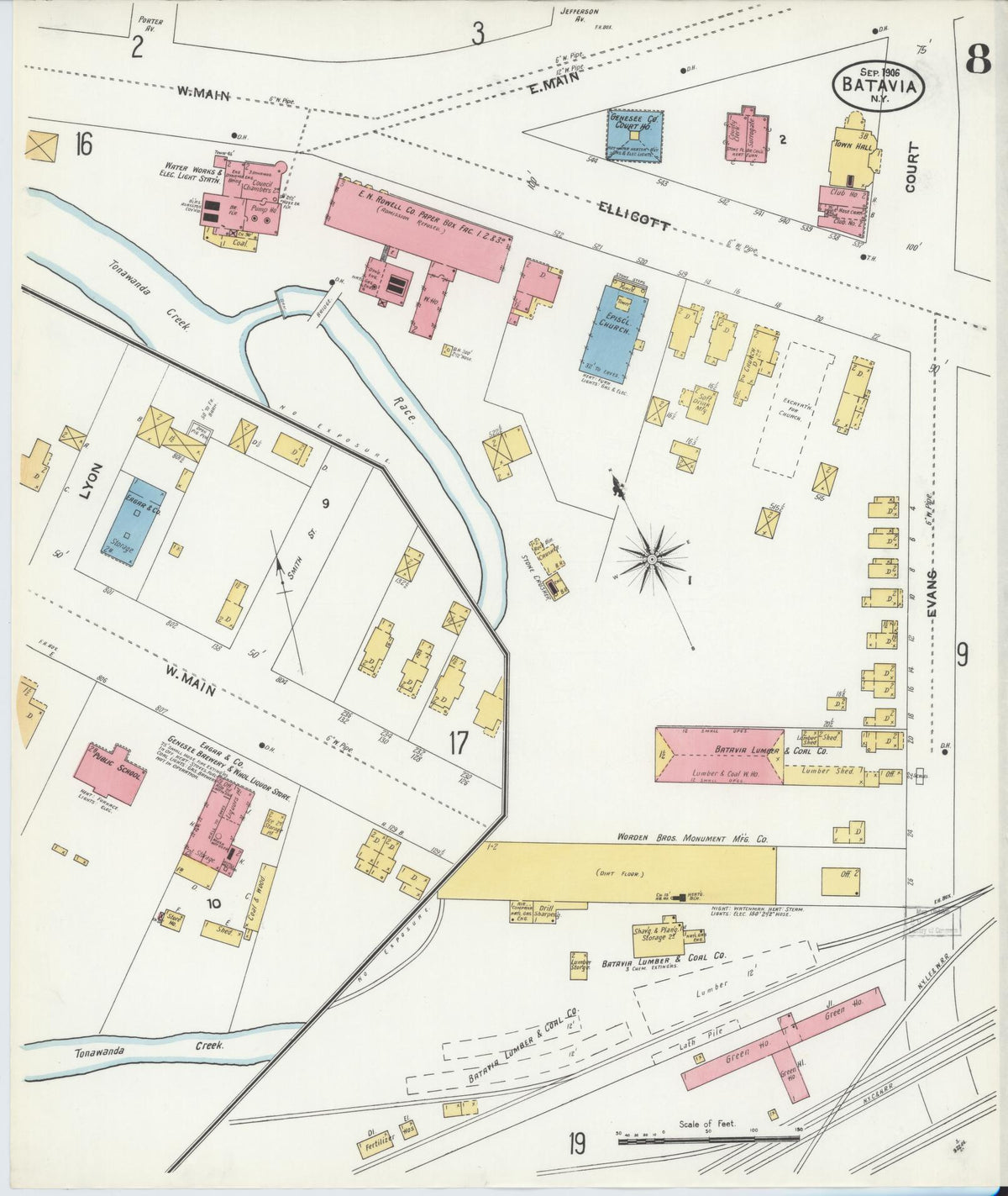 Sanborn Fire Insurance Map from Batavia, Genesee County, New York (1906), Sheet #0008 - Historic Sanborn Fire Insurance Map Print, vintage old map wall art, antique decor, genealogy gift, New York New York map