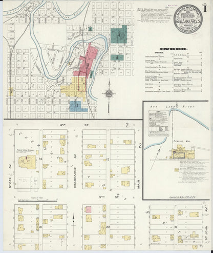 Sanborn Fire Insurance Map from Red Lake Falls, Red Lake County, Minnesota (1909), Sheet #0001 - Complete Map Set gallery image, historic Sanborn map, vintage wall art, Minnesota Minnesota