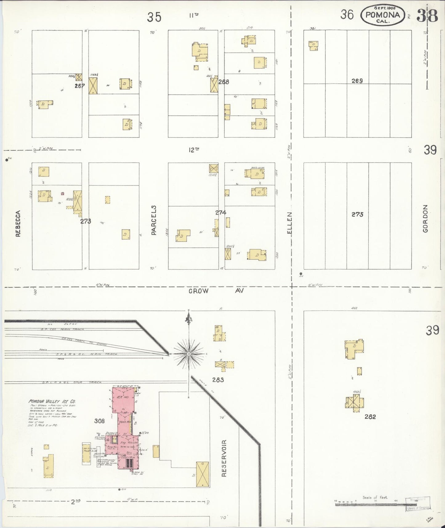 Sanborn Fire Insurance Map from Pomona, Los Angeles County, California (1906), Sheet #0038 - Complete Map Set gallery image, historic Sanborn map, vintage wall art, California California