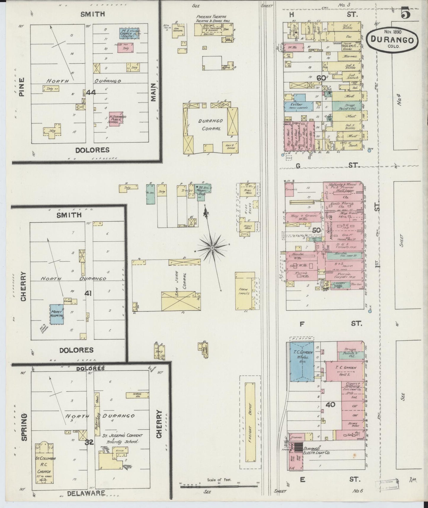 Sanborn Fire Insurance Map from Durango, La Plata County, Colorado (1890), Sheet #0005 - Complete Map Set gallery image, historic Sanborn map, vintage wall art, Colorado Colorado