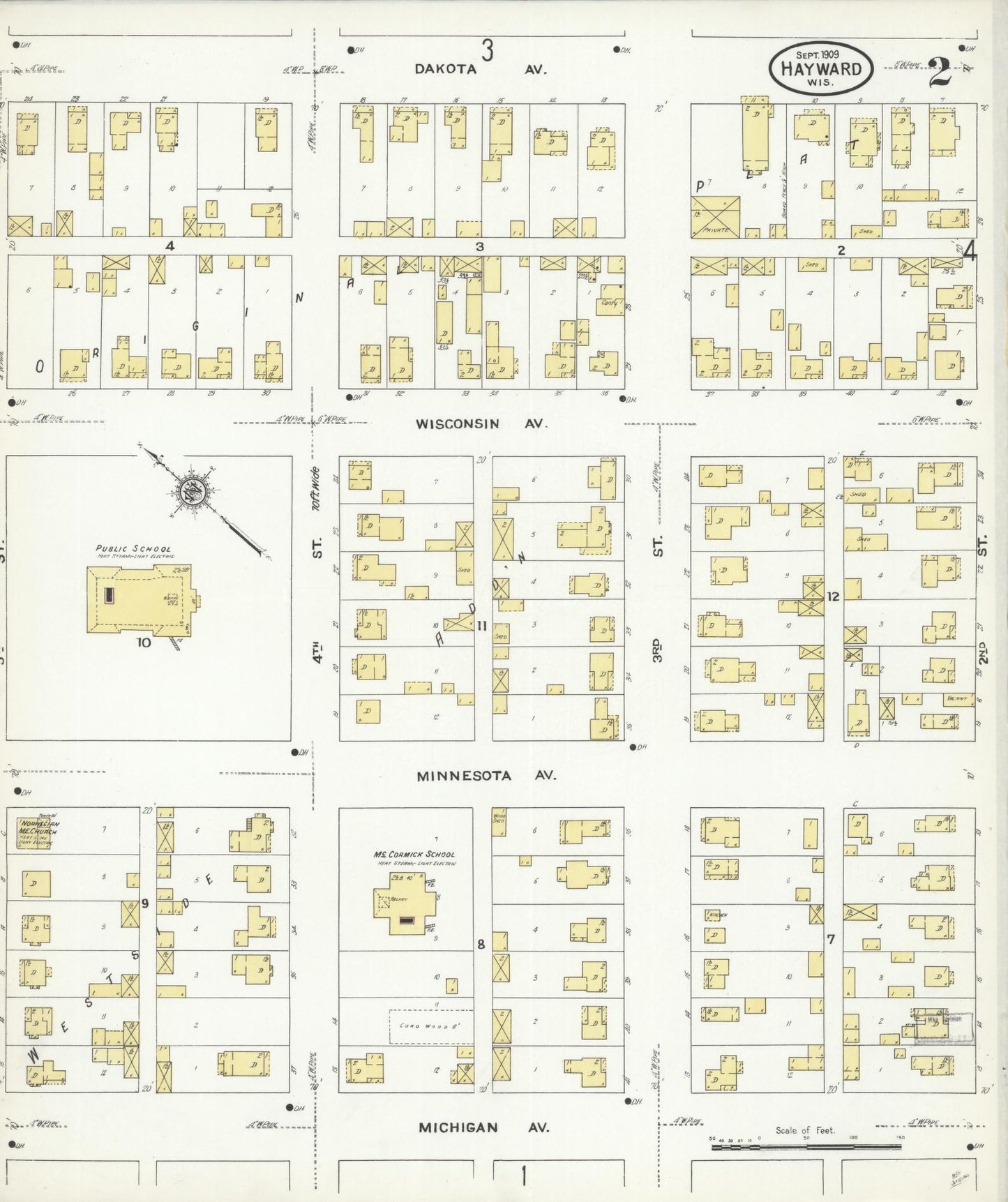 Sanborn Fire Insurance Map from Hayward, Sawyer County, Wisconsin (1909), Sheet #0002 - Complete Map Set gallery image, historic Sanborn map, vintage wall art, Wisconsin Wisconsin