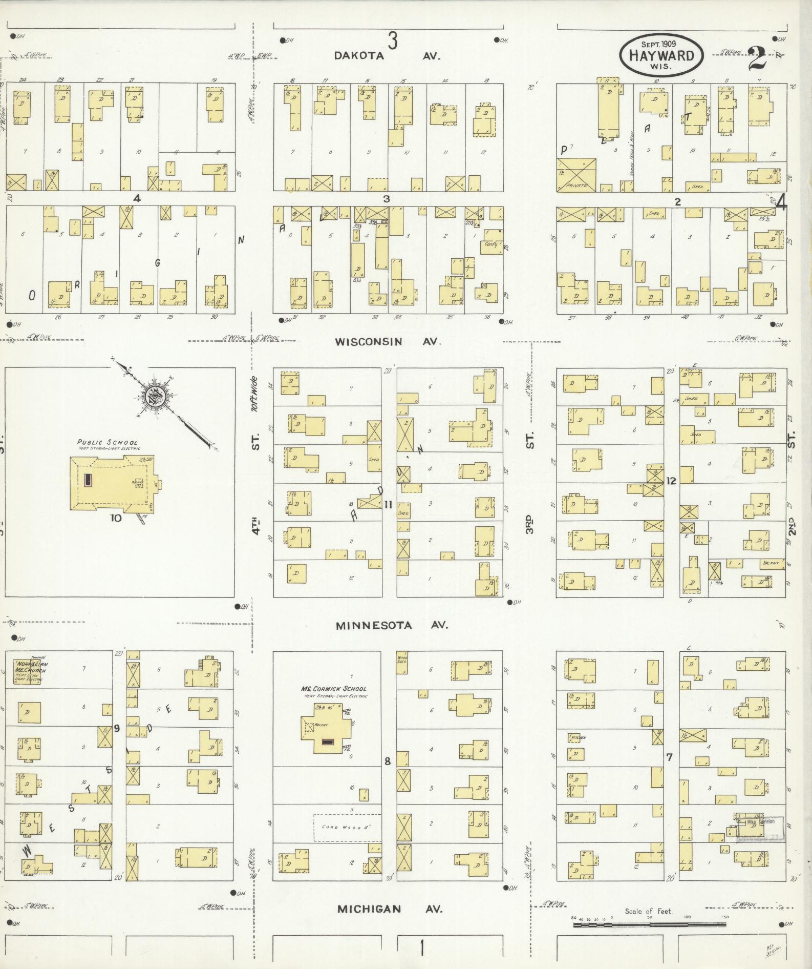 Sanborn Fire Insurance Map from Hayward, Sawyer County, Wisconsin (1909), Sheet #0002 - Complete Map Set gallery image, historic Sanborn map, vintage wall art, Wisconsin Wisconsin