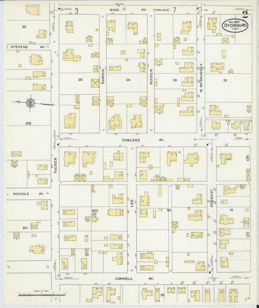 Sanborn Fire Insurance Map from Dyersburg, Dyer County, Tennessee (1909), Sheet #0002 - Historic Sanborn Fire Insurance Map Print, vintage old map wall art, antique decor, genealogy gift, Tennessee Tennessee map
