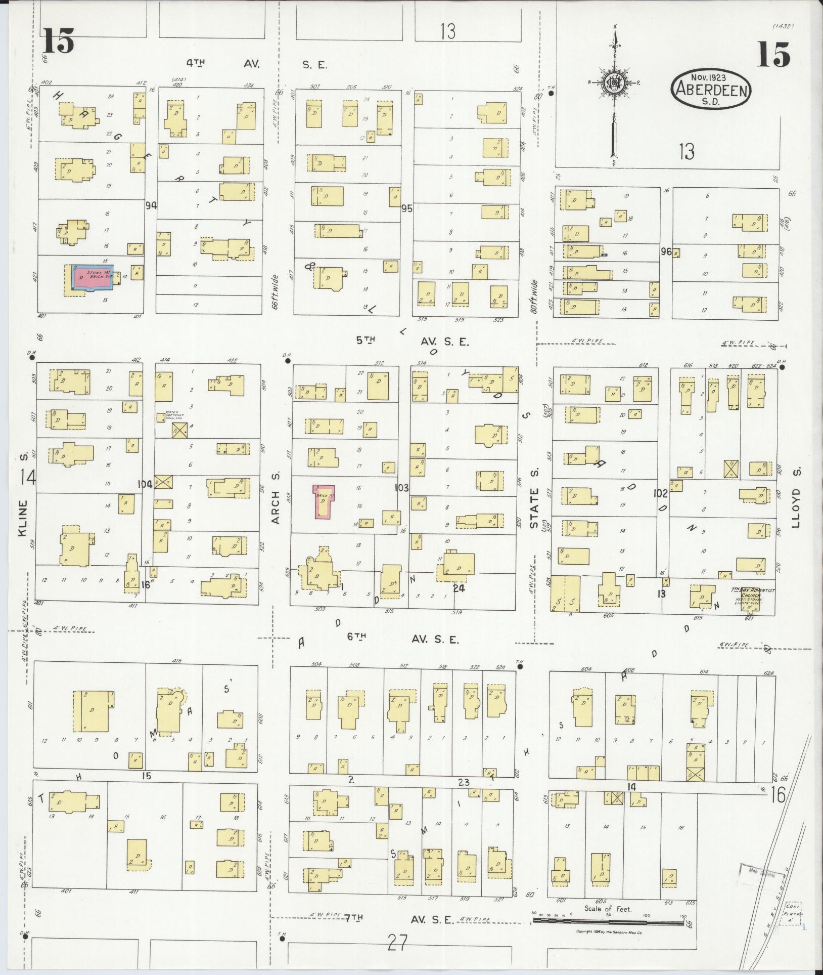 Sanborn Fire Insurance Map from Aberdeen, Brown County, South Dakota (1923), Sheet #0015 - Complete Map Set gallery image, historic Sanborn map, vintage wall art, South Dakota South Dakota
