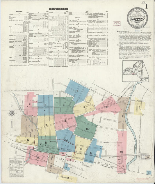Sanborn Fire Insurance Map from Waverly, Tioga County, New York (1914), Sheet #0001 - Historic Sanborn Fire Insurance Map Print, vintage old map wall art, antique decor, genealogy gift, New York New York map