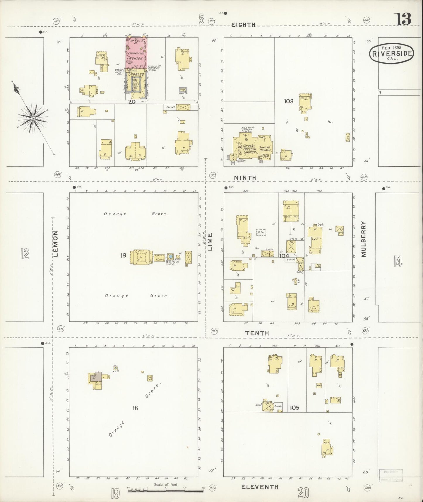 Sanborn Fire Insurance Map from Riverside, Riverside County, California (1895), Sheet #0013 - Complete Map Set gallery image, historic Sanborn map, vintage wall art, California California