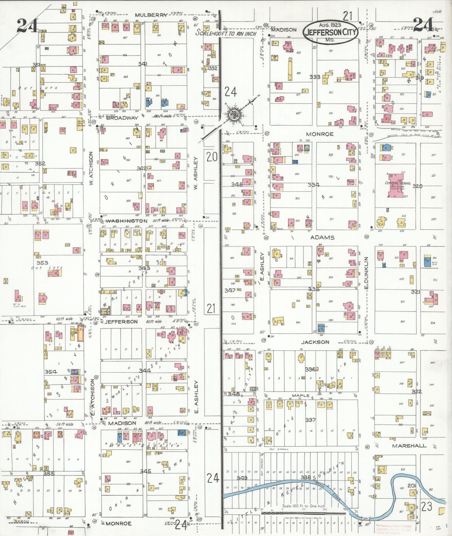 Sanborn Fire Insurance Map from Jefferson City, Cole County, Missouri (1923), Sheet #0024 - Historic Sanborn Fire Insurance Map Print, vintage old map wall art, antique decor, genealogy gift, Missouri Missouri map