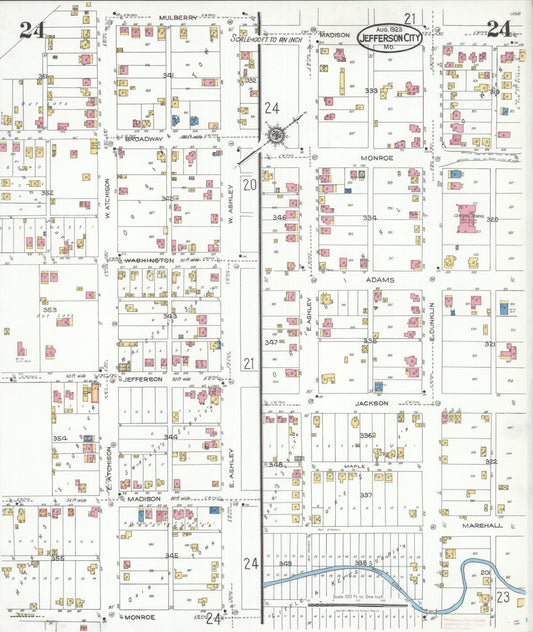 Sanborn Fire Insurance Map from Jefferson City, Cole County, Missouri (1923), Sheet #0024 - Historic Sanborn Fire Insurance Map Print, vintage old map wall art, antique decor, genealogy gift, Missouri Missouri map