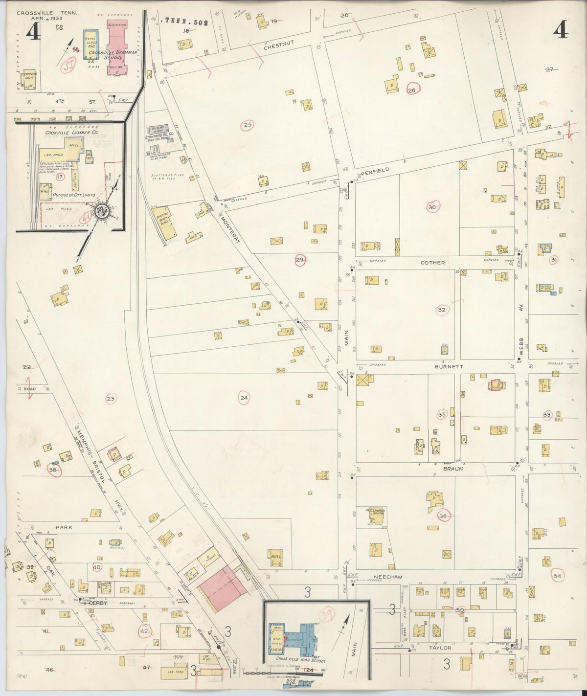 Sanborn Fire Insurance Map from Crossville, Cumberland County, Tennessee (1942), Sheet #0004 - Complete Map Set gallery image, historic Sanborn map, vintage wall art, Tennessee Tennessee