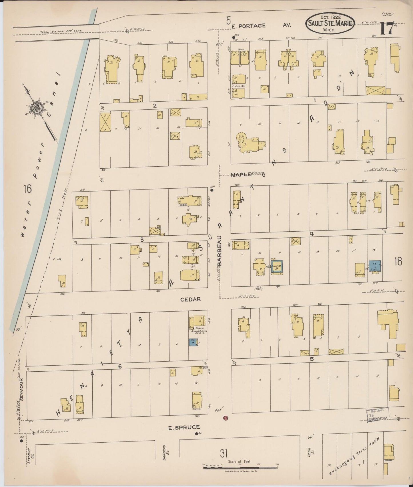 Sanborn Fire Insurance Map from Sault Sainte Marie, Chippewa County, Michigan (1922), Sheet #0017 - Historic Sanborn Fire Insurance Map Print, vintage old map wall art, antique decor, genealogy gift, Michigan Michigan map