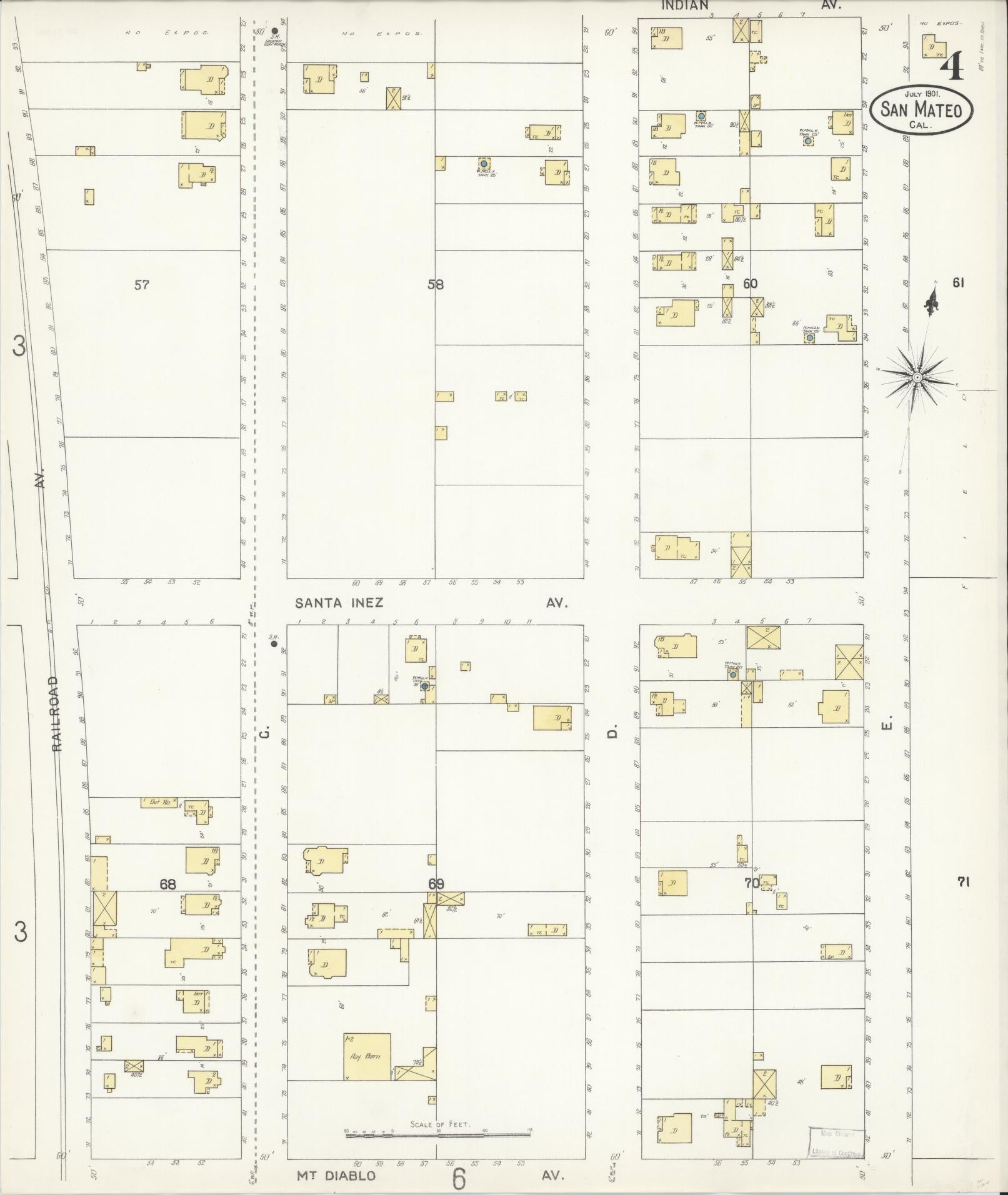 Sanborn Fire Insurance Map from San Mateo, San Mateo County, California (1901), Sheet #0004 - Complete Map Set gallery image, historic Sanborn map, vintage wall art, California California