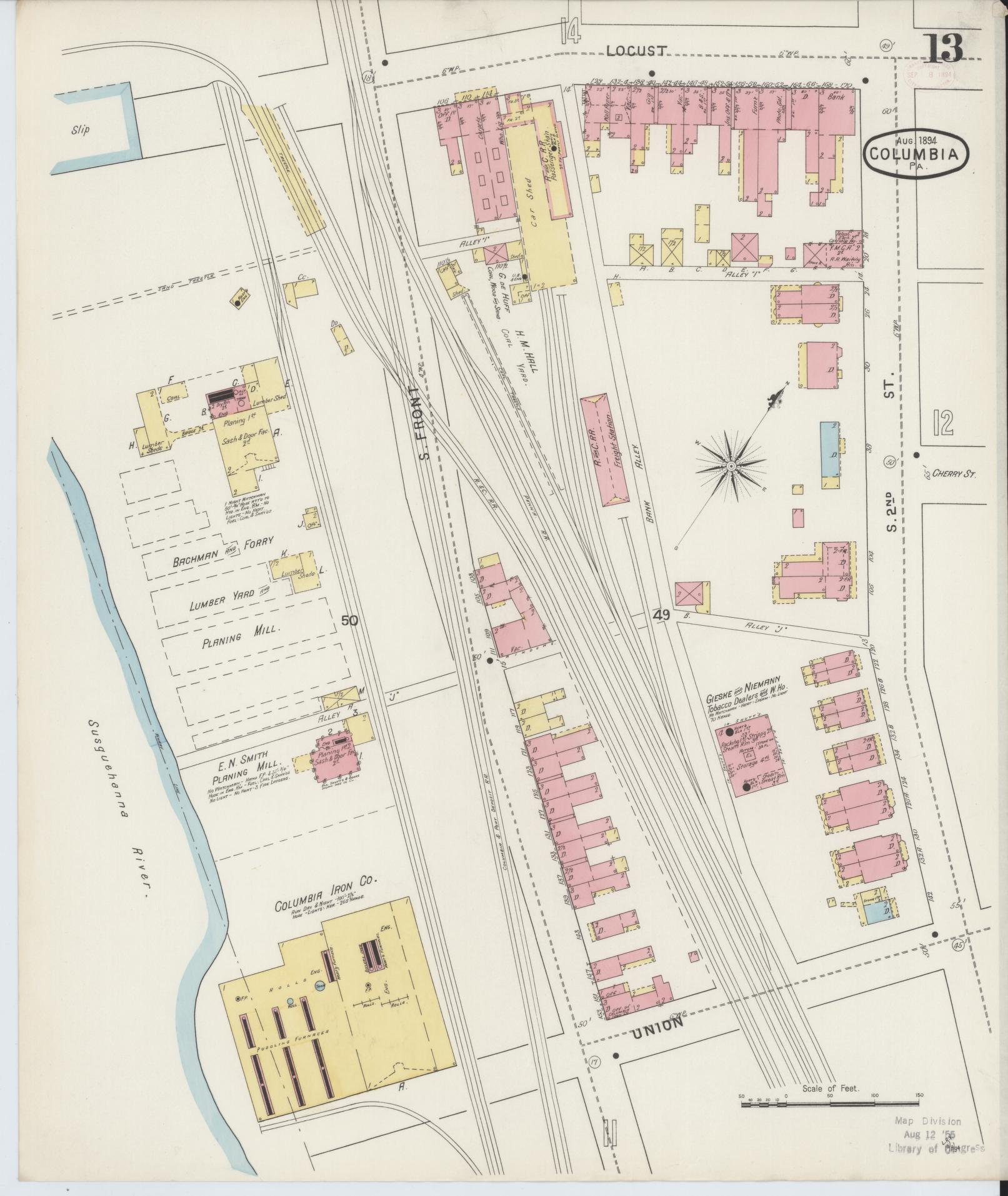 Sanborn Fire Insurance Map from Columbia, Lancaster County, Pennsylvania (1894), Sheet #0013 - Historic Sanborn Fire Insurance Map Print, vintage old map wall art, antique decor, genealogy gift, Pennsylvania Pennsylvania map