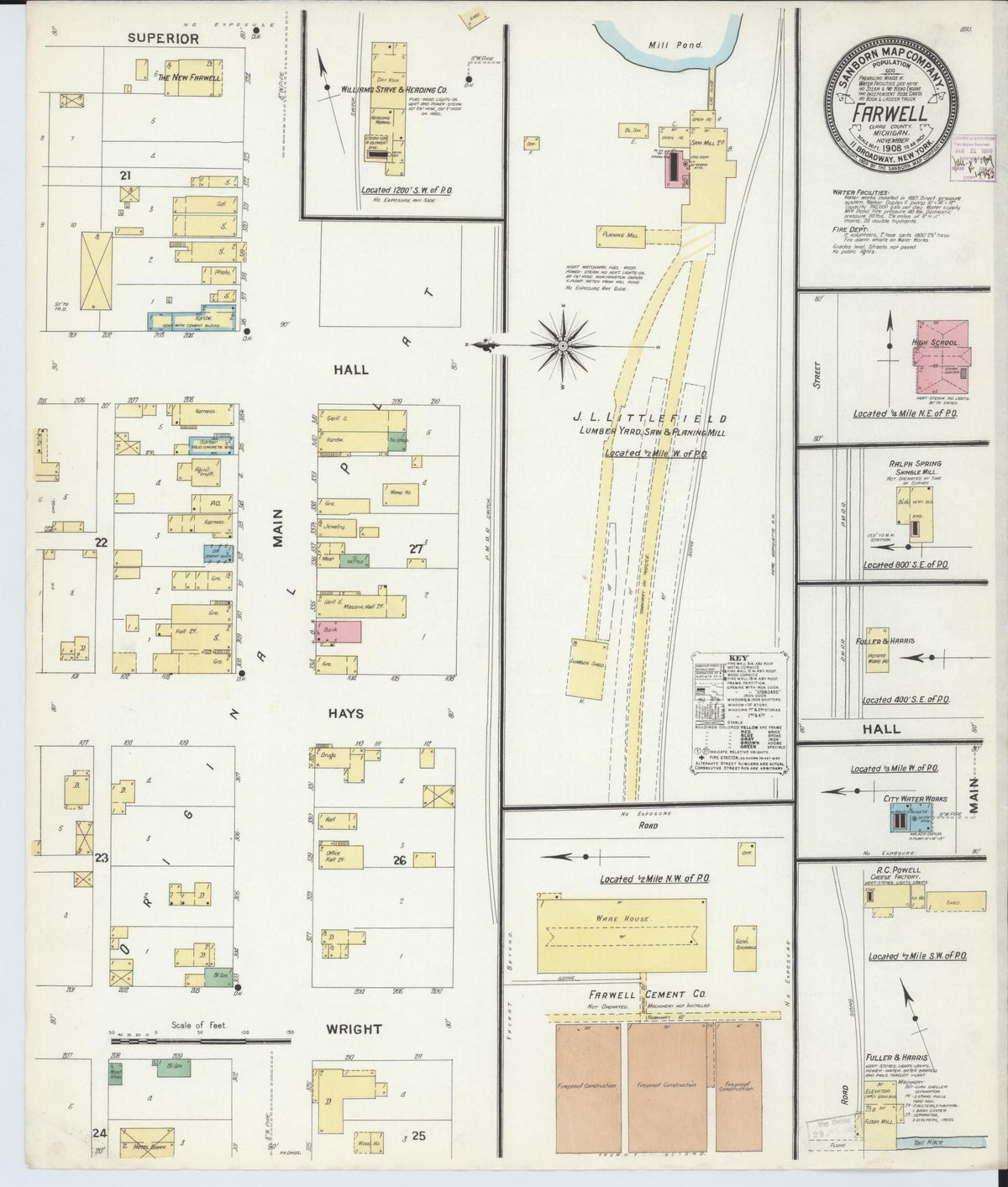 Sanborn Fire Insurance Map from Farwell, Clare County, Michigan (1908), Sheet #0001 - Historic Sanborn Fire Insurance Map Print, vintage old map wall art, antique decor, genealogy gift, Michigan Michigan map