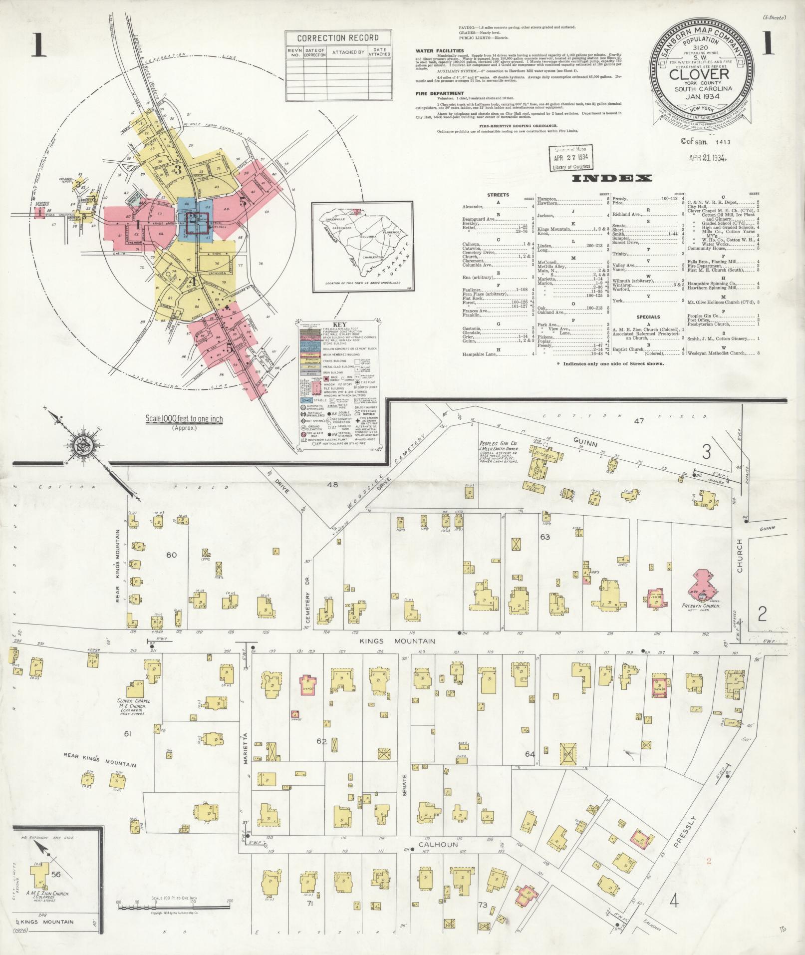 Sanborn Fire Insurance Map from Clover, York County, South Carolina (1934), Sheet #0001 - Complete Map Set gallery image, historic Sanborn map, vintage wall art, South Carolina South Carolina