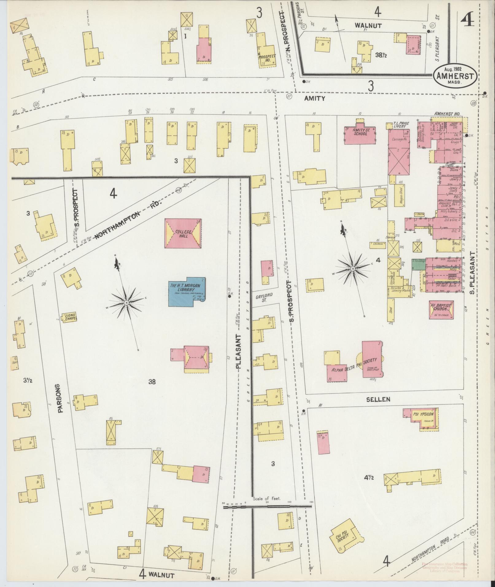 Sanborn Fire Insurance Map from Amherst, Hampshire County, Massachusetts (1902), Sheet #0004 - Complete Map Set gallery image, historic Sanborn map, vintage wall art, Massachusetts Massachusetts