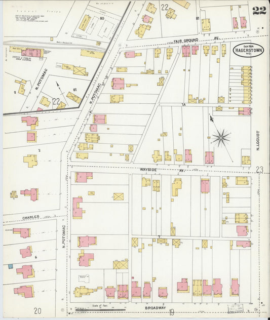 Sanborn Fire Insurance Map from Hagerstown, Washington County, Maryland (1904), Sheet #0022 - Historic Sanborn Fire Insurance Map Print, vintage old map wall art, antique decor, genealogy gift, Maryland Maryland map