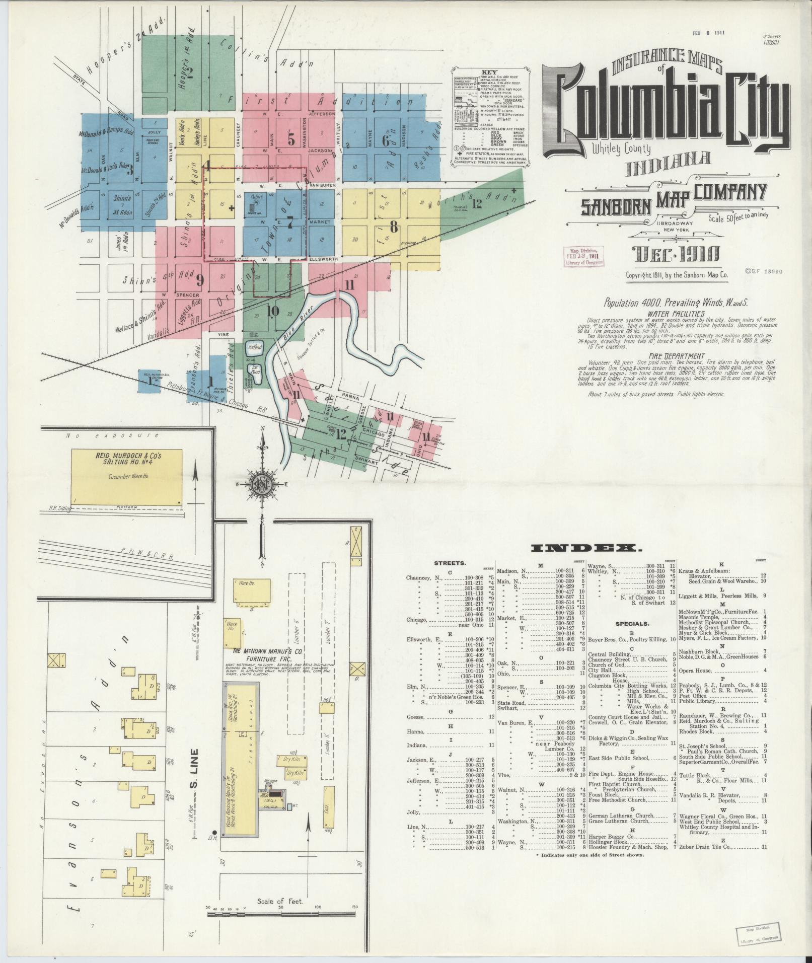 Sanborn Fire Insurance Map from Columbia City, Whitley County, Indiana (1910), Sheet #0001 - Complete Map Set gallery image, historic Sanborn map, vintage wall art, Indiana Indiana