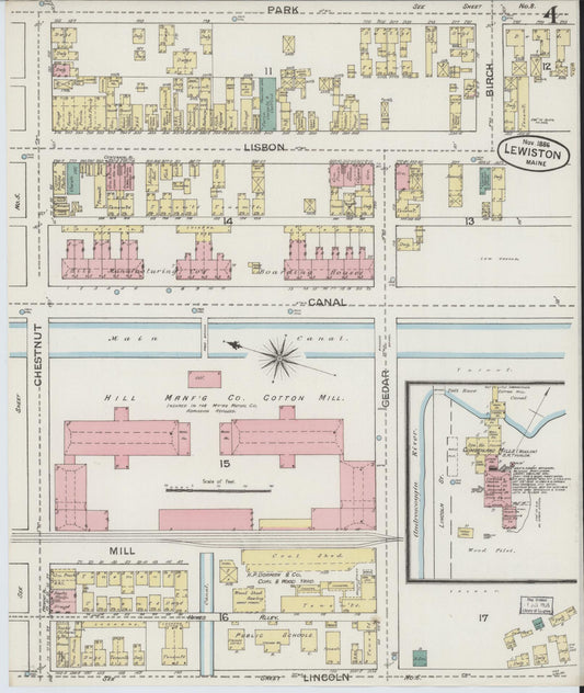 Sanborn Fire Insurance Map from Lewiston, Androscoggin County, Maine (1886), Sheet #0004 - Historic Sanborn Fire Insurance Map Print, vintage old map wall art, antique decor, genealogy gift, Maine Maine map