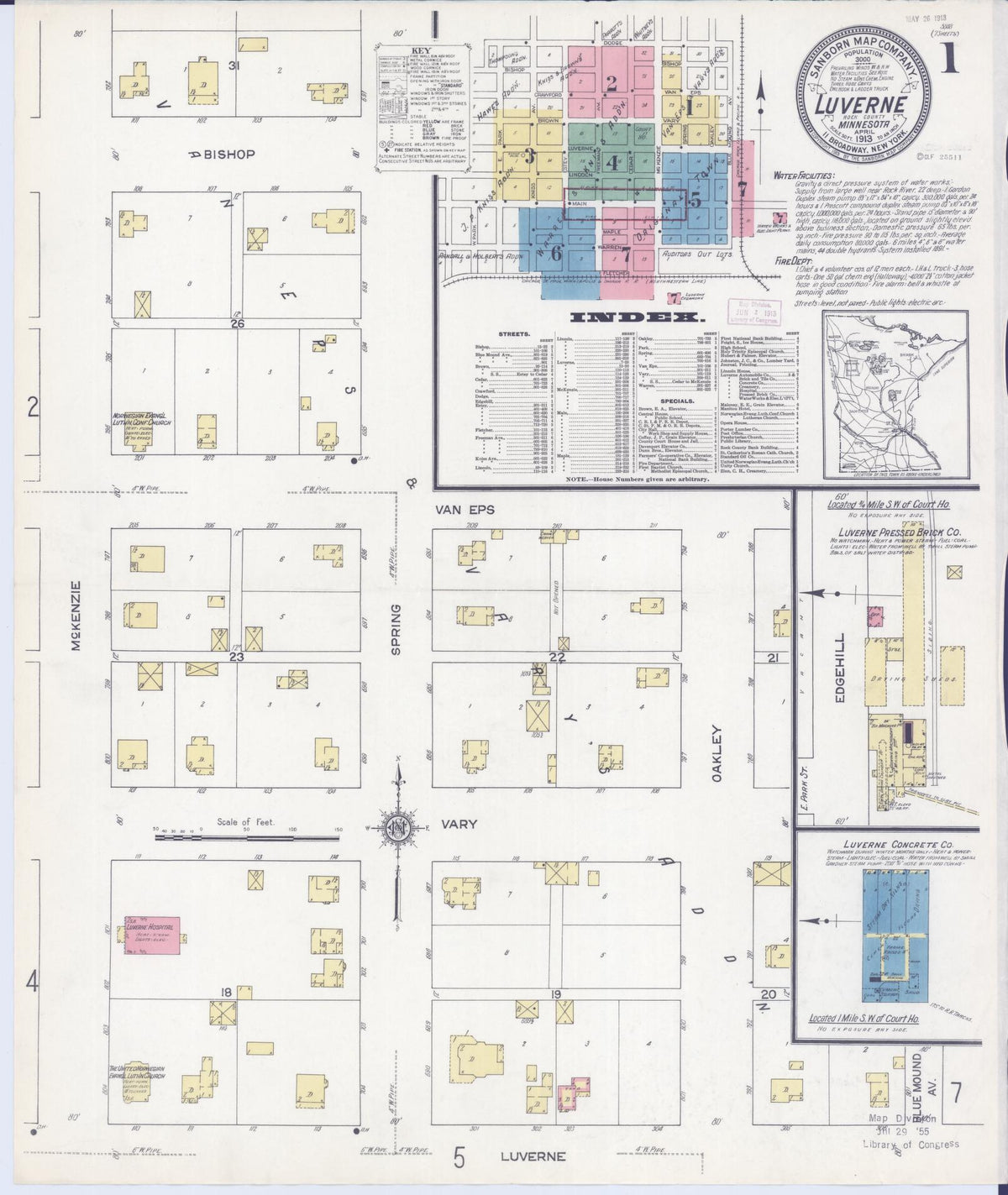 Sanborn Fire Insurance Map from Luverne, Rock County, Minnesota (1913), Sheet #0001 - Historic Sanborn Fire Insurance Map Print, vintage old map wall art, antique decor, genealogy gift, Minnesota Minnesota map