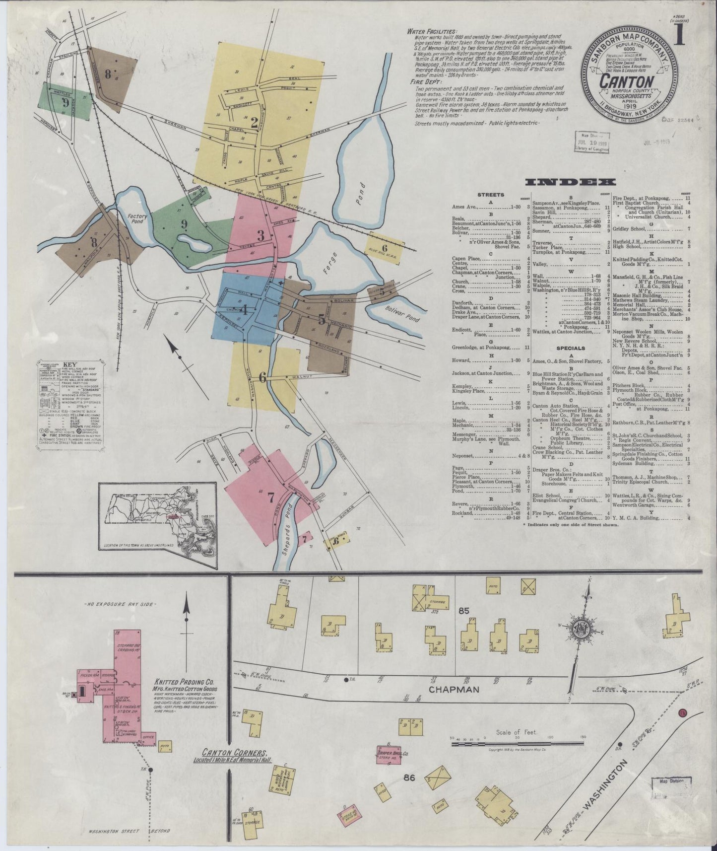 Sanborn Fire Insurance Map from Canton, Norfolk County, Massachusetts (1919), Sheet #0001 - Historic Sanborn Fire Insurance Map Print, vintage old map wall art, antique decor, genealogy gift, Massachusetts Massachusetts map