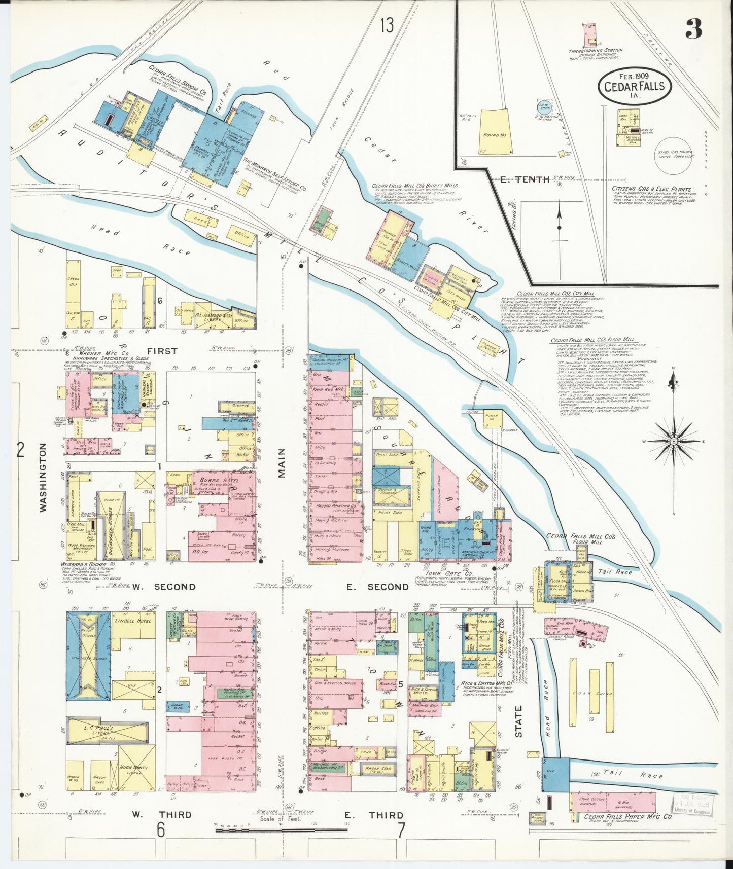 Sanborn Fire Insurance Map from Cedar Falls, Black Hawk County, Iowa (1909), Sheet #0003 - Historic Sanborn Fire Insurance Map Print, vintage old map wall art