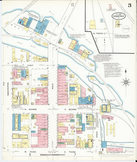Sanborn Fire Insurance Map from Cedar Falls, Black Hawk County, Iowa (1909), Sheet #0003 - Historic Sanborn Fire Insurance Map Print, vintage old map wall art