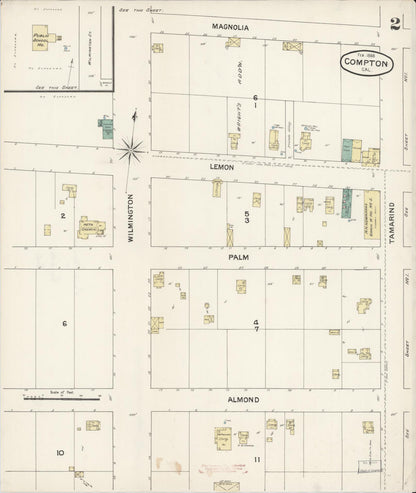 Sanborn Fire Insurance Map from Compton, Los Angeles County, California (1888), Sheet #0002 - Complete Map Set gallery image, historic Sanborn map, vintage wall art, California California