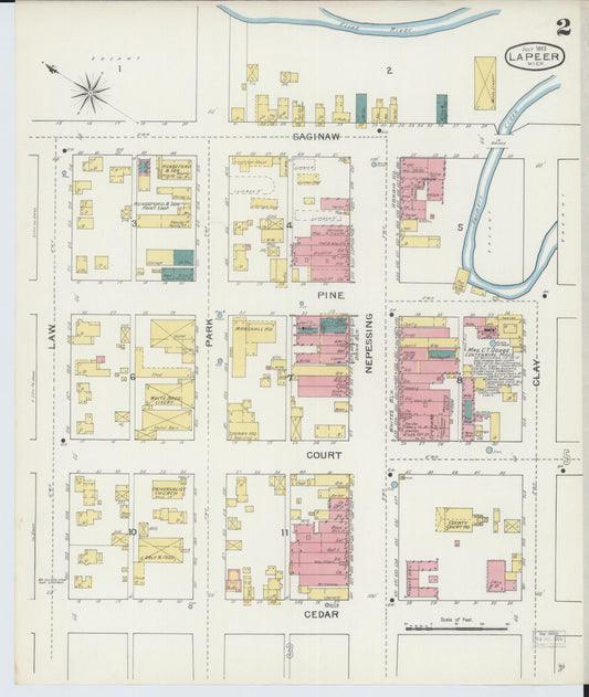 Sanborn Fire Insurance Map from Lapeer, Lapeer County, Michigan (1893), Sheet #0002 - Historic Sanborn Fire Insurance Map Print, vintage old map wall art, antique decor, genealogy gift, Michigan Michigan map