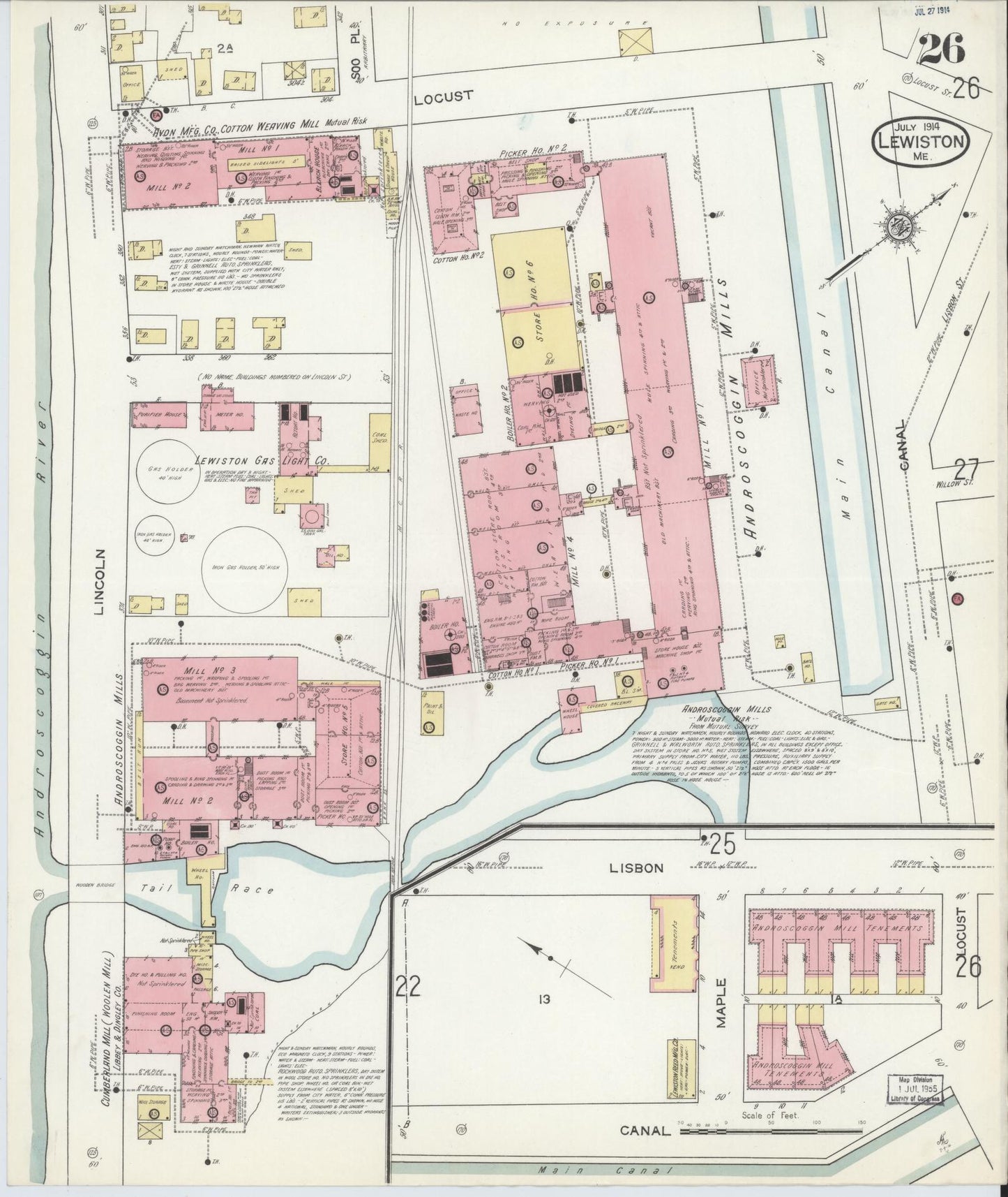 Sanborn Fire Insurance Map from Lewiston, Androscoggin County, Maine (1914), Sheet #0026 - Historic Sanborn Fire Insurance Map Print, vintage old map wall art, antique decor, genealogy gift, Maine Maine map