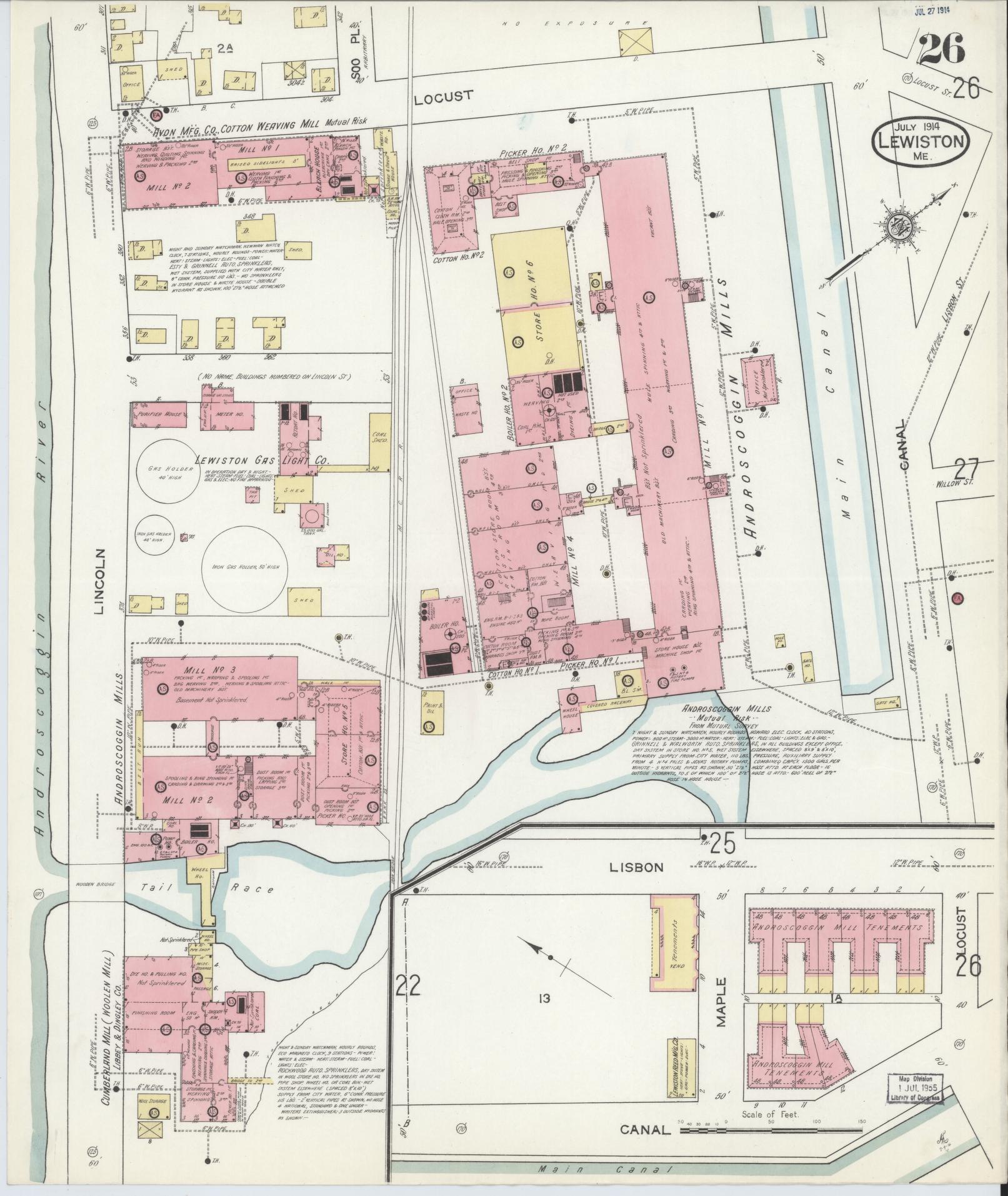 Sanborn Fire Insurance Map from Lewiston, Androscoggin County, Maine (1914), Sheet #0026 - Historic Sanborn Fire Insurance Map Print, vintage old map wall art, antique decor, genealogy gift, Maine Maine map