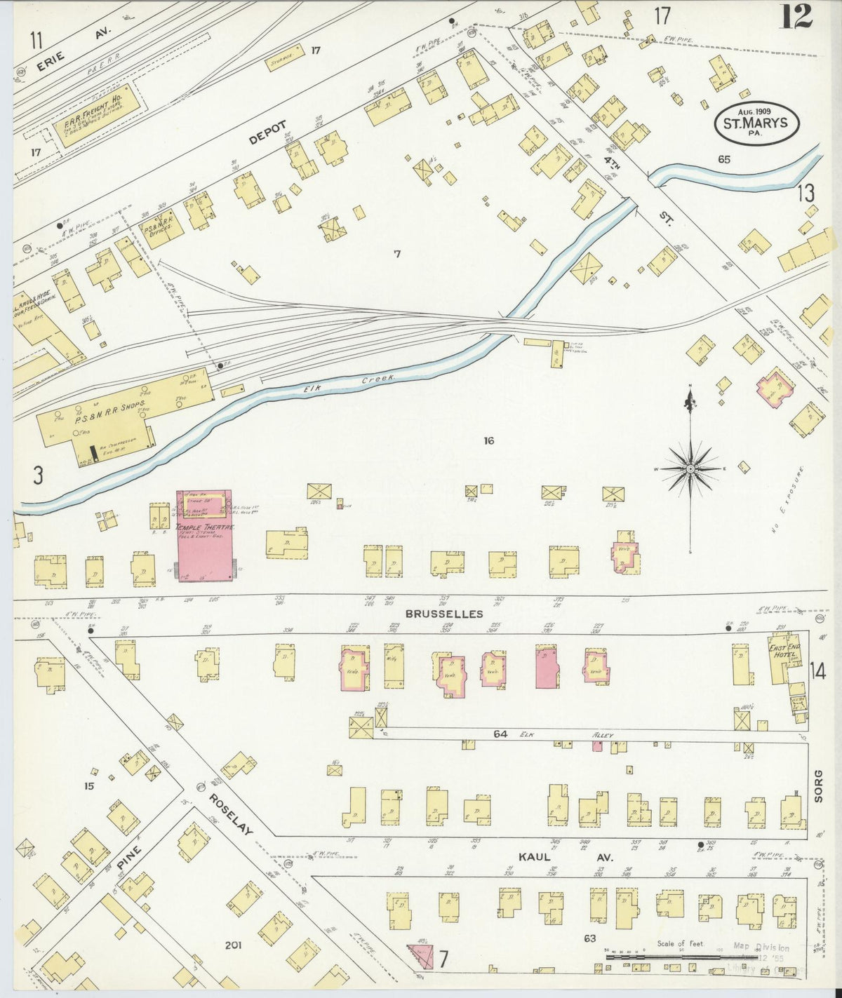 Sanborn Fire Insurance Map from Saint Marys, Elk County, Pennsylvania (1909), Sheet #0012 - Historic Sanborn Fire Insurance Map Print, vintage old map wall art, antique decor, genealogy gift, Pennsylvania Pennsylvania map