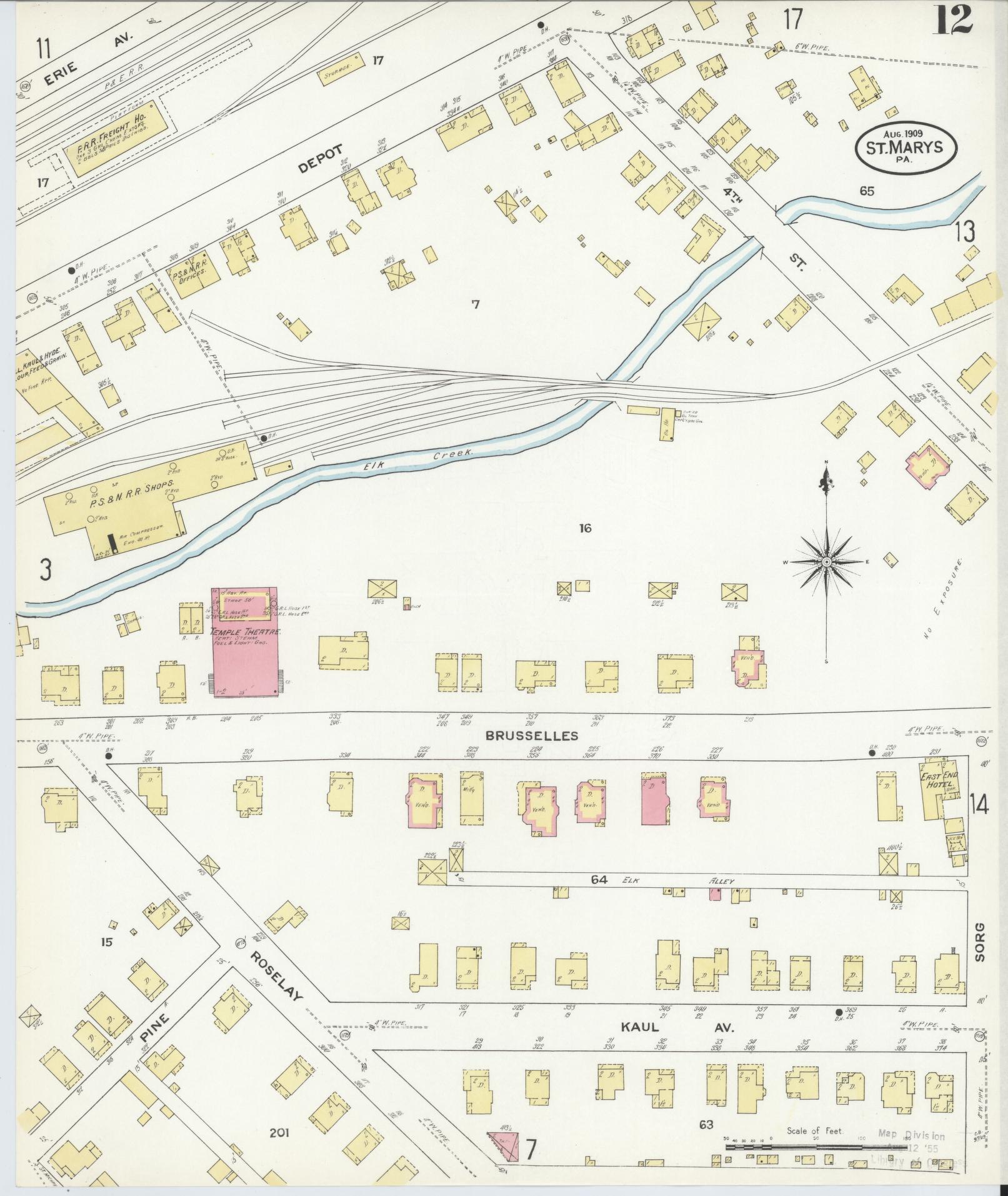 Sanborn Fire Insurance Map from Saint Marys, Elk County, Pennsylvania (1909), Sheet #0012 - Historic Sanborn Fire Insurance Map Print, vintage old map wall art, antique decor, genealogy gift, Pennsylvania Pennsylvania map