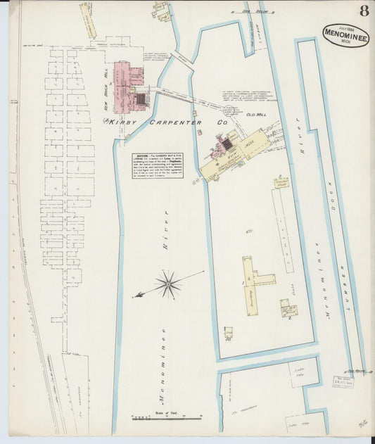 Sanborn Fire Insurance Map from Menominee, Menominee County, Michigan (1884), Sheet #0008 - Historic Sanborn Fire Insurance Map Print, vintage old map wall art, antique decor, genealogy gift, Michigan Michigan map