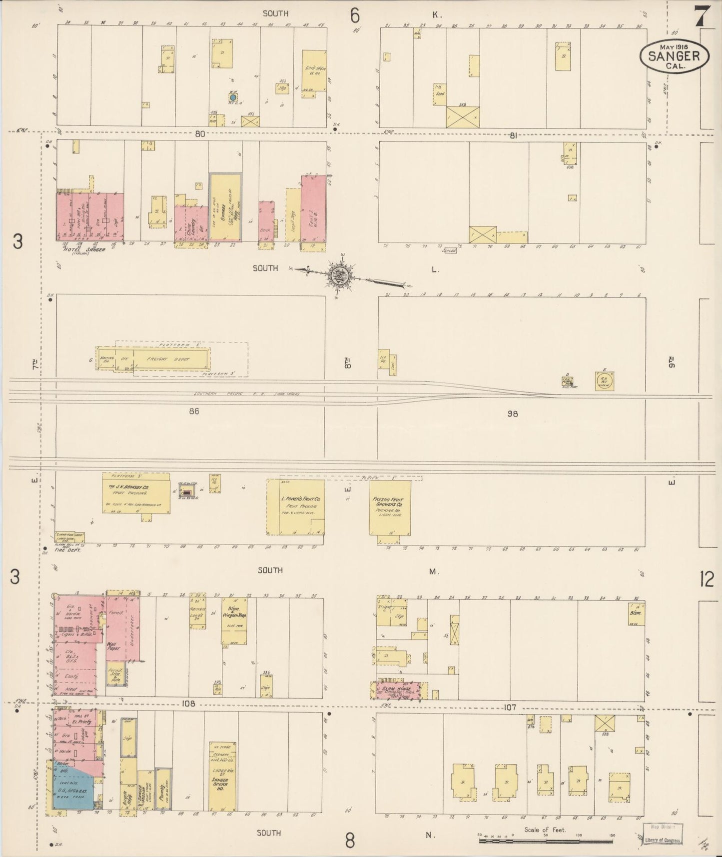 Sanborn Fire Insurance Map from Sanger, Fresno County, California (1916), Sheet #0007 - Complete Map Set gallery image, historic Sanborn map, vintage wall art, California California