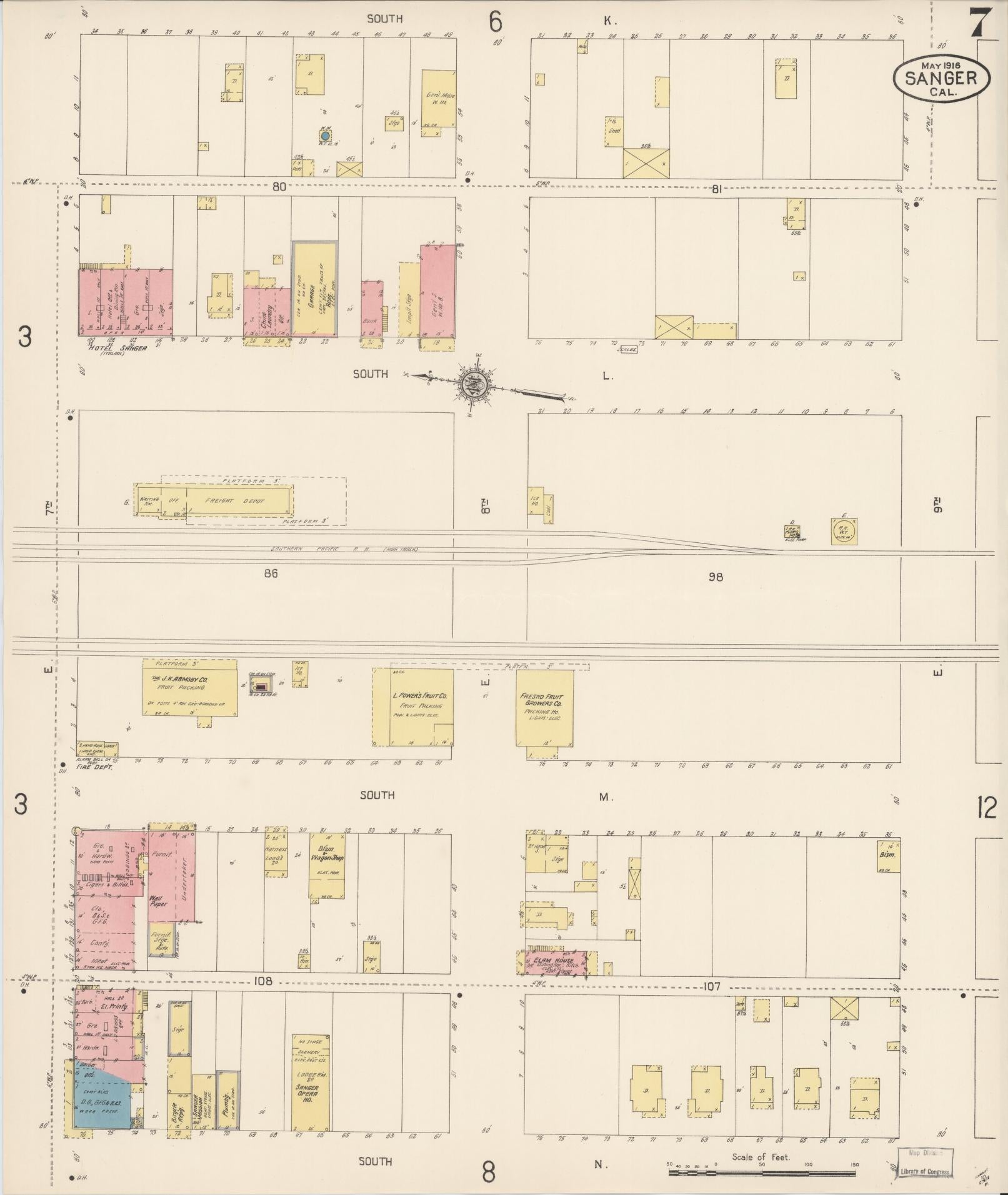 Sanborn Fire Insurance Map from Sanger, Fresno County, California (1916), Sheet #0007 - Complete Map Set gallery image, historic Sanborn map, vintage wall art, California California