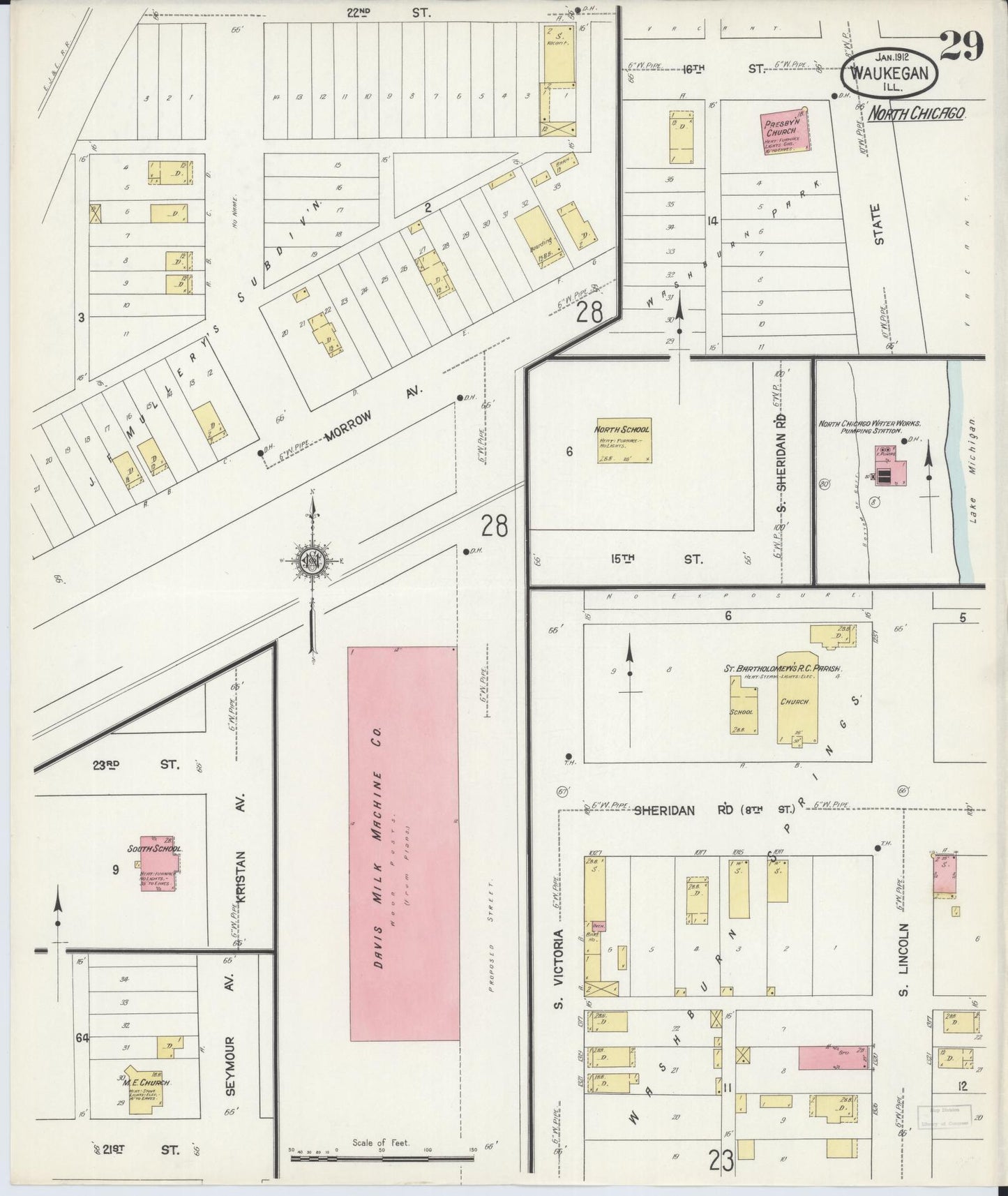 Sanborn Fire Insurance Map from Waukegan, Lake County, Illinois. (1912), Sheet 29 – Historic Sanborn Fire Insurance Map Print