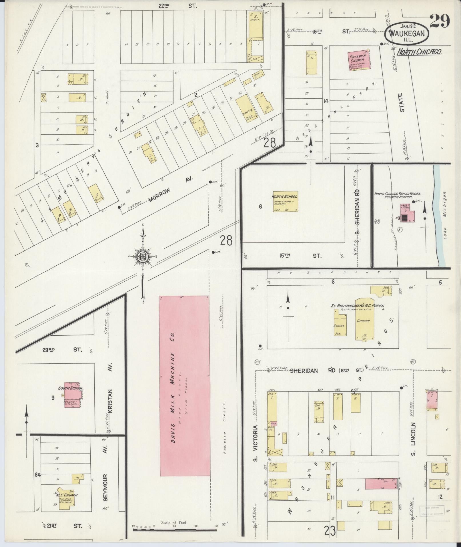Sanborn Fire Insurance Map from Waukegan, Lake County, Illinois. (1912), Sheet 29 – Historic Sanborn Fire Insurance Map Print