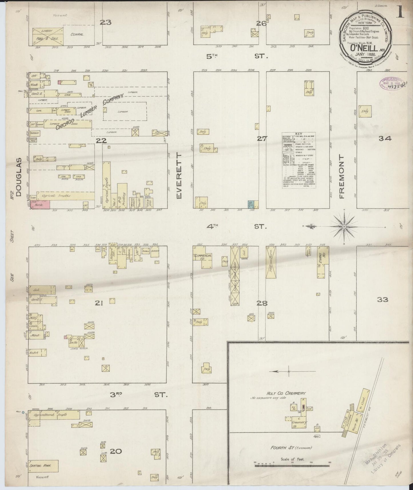 Sanborn Fire Insurance Map from O'Neill, Holt County, Nebraska (1886), Sheet #0001 - Complete Map Set gallery image, historic Sanborn map, vintage wall art, Nebraska Nebraska