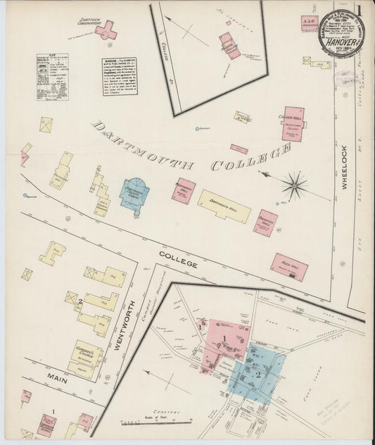 Sanborn Fire Insurance Map from Hanover, Grafton County, New Hampshire (1884), Sheet #0001 - Historic Sanborn Fire Insurance Map Print, vintage old map wall art, antique decor, genealogy gift, New Hampshire New Hampshire map