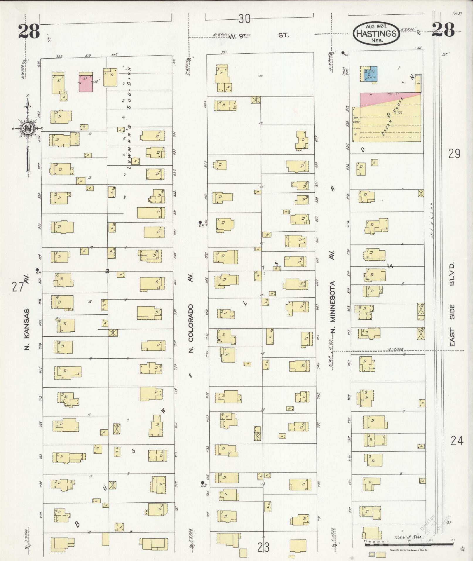 Sanborn Fire Insurance Map from Hastings, Adams County, Nebraska (1924), Sheet #0028 - Complete Map Set gallery image, historic Sanborn map, vintage wall art, Nebraska Nebraska