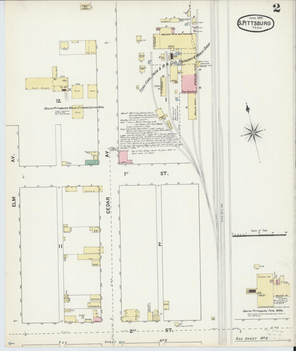 Sanborn Fire Insurance Map from South Pittsburg, Marion County, Tennessee (1891), Sheet #0002 - Complete Map Set gallery image, historic Sanborn map, vintage wall art, Tennessee Tennessee