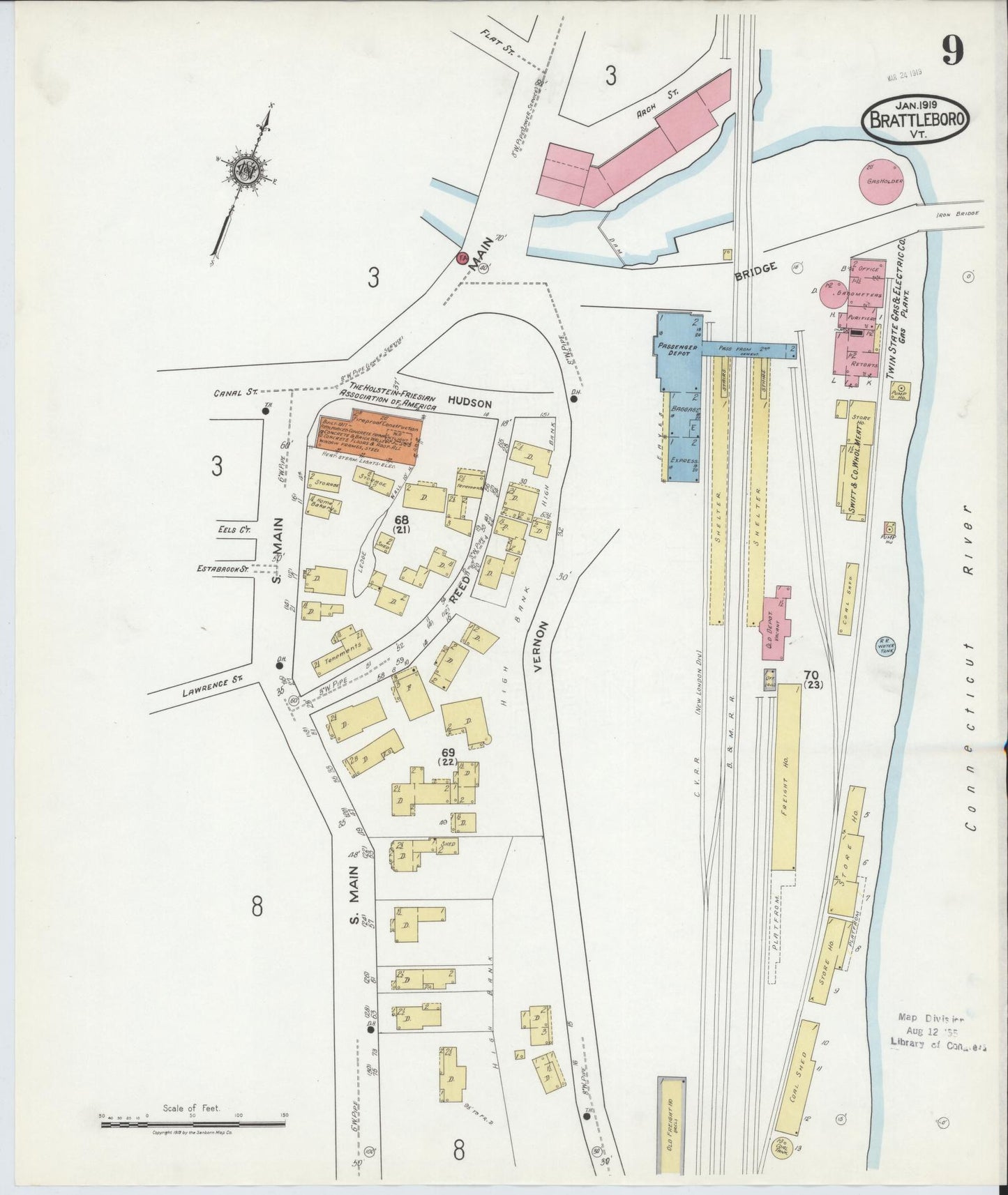Sanborn Fire Insurance Map from Brattleboro, Windham County, Vermont (1919), Sheet #0009 - Complete Map Set gallery image, historic Sanborn map, vintage wall art, Vermont Vermont